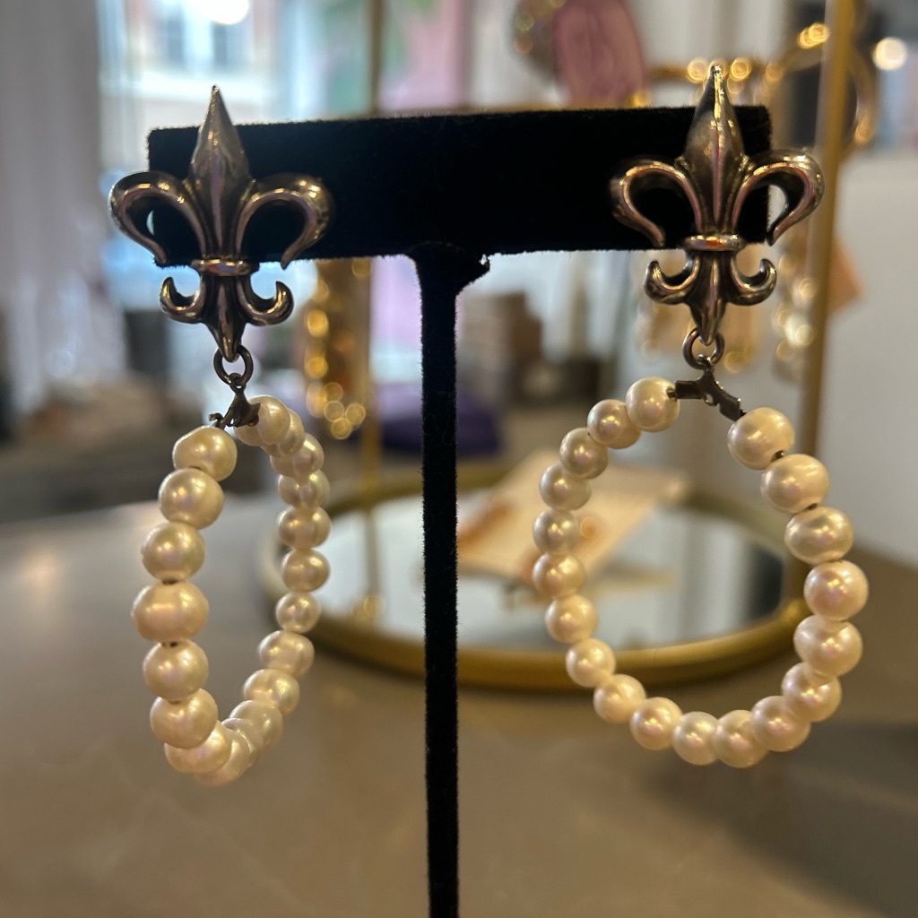 French Kande Hoop Fleur-De-Lis Drop Earrings - White Pearls